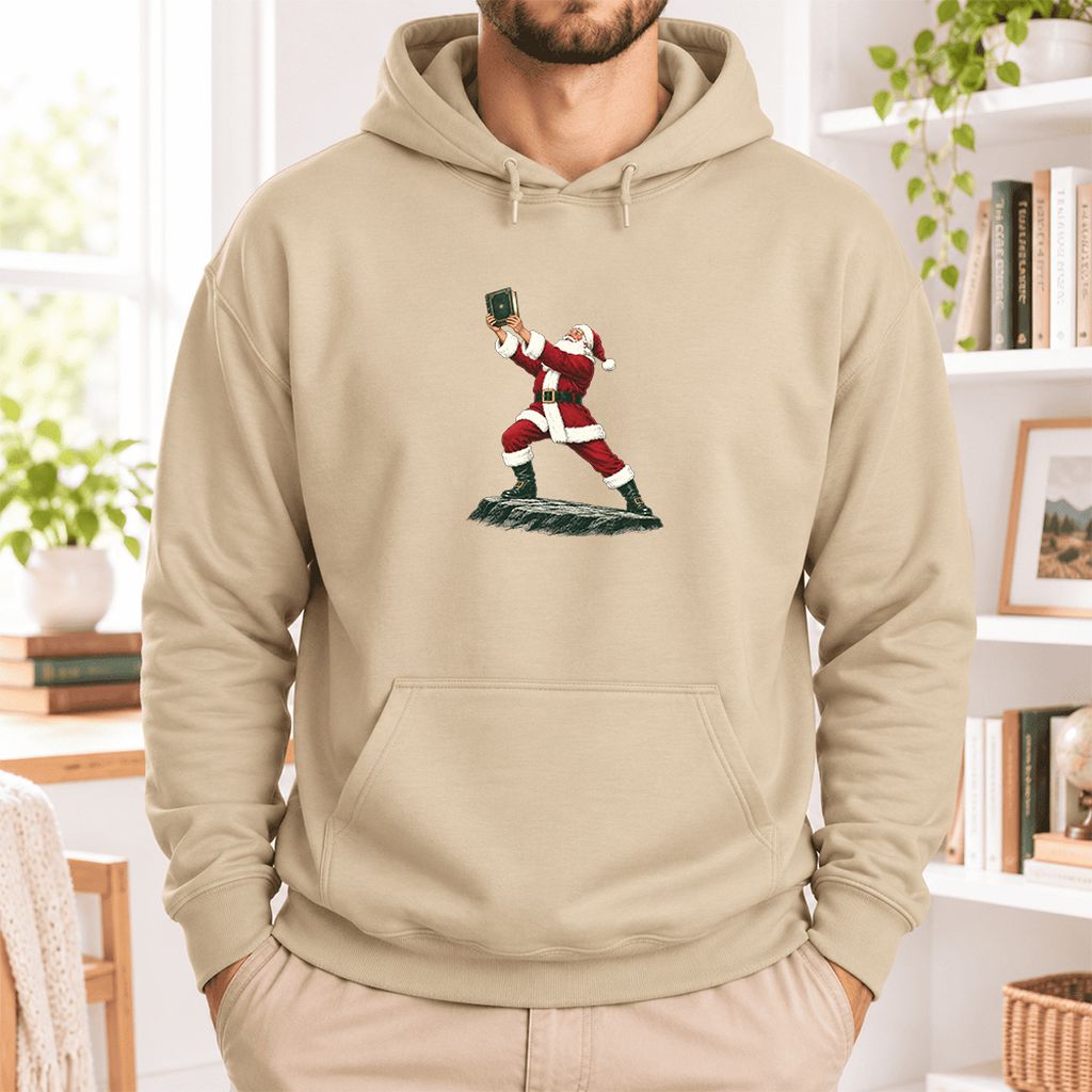 Santa Claus Holding Up A Green Book Softstyle Hoodie | Christmas Gift Sand