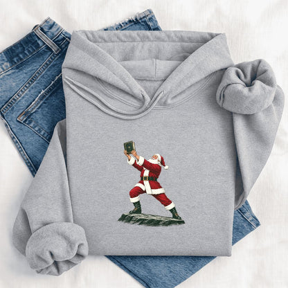 Santa Claus Holding Up A Green Book Softstyle Hoodie | Christmas Gift Sport Grey