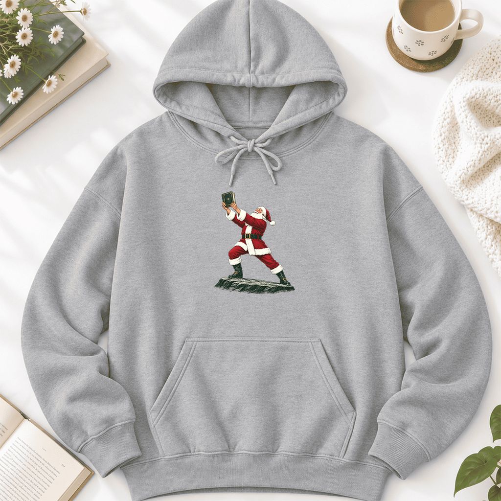 Santa Claus Holding Up A Green Book Softstyle Hoodie | Christmas Gift Sport Grey