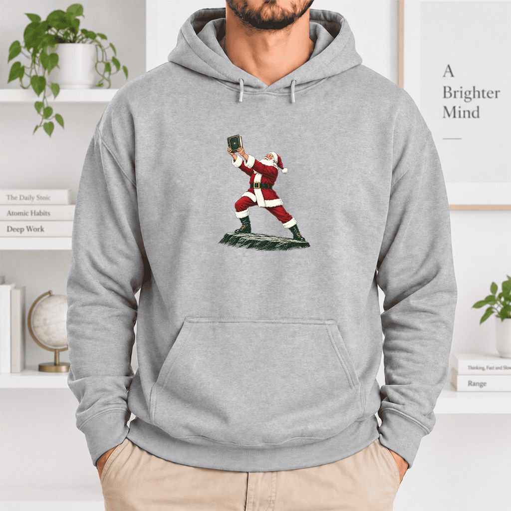 Santa Claus Holding Up A Green Book Softstyle Hoodie | Christmas Gift Sport Grey