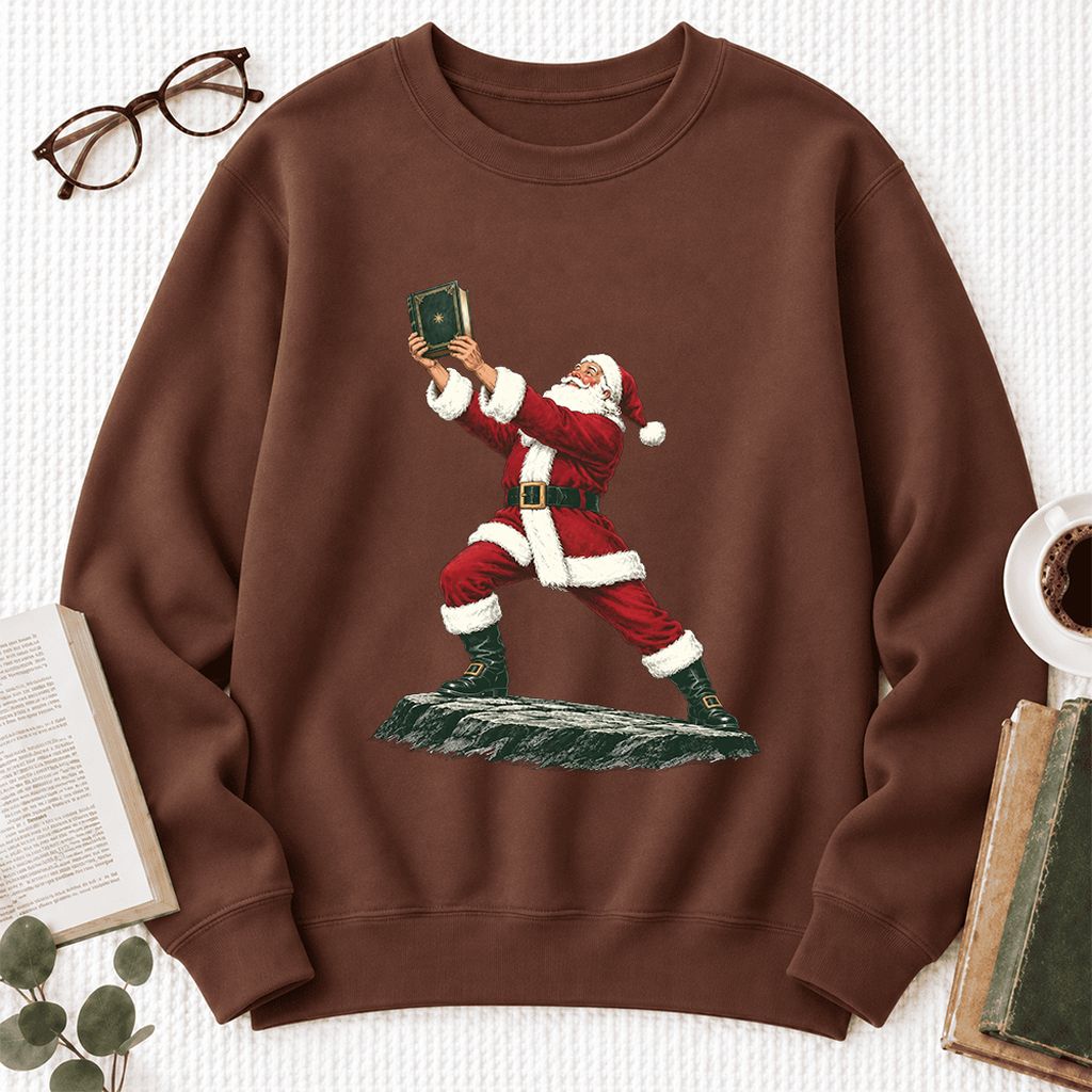 Santa Claus Holding Up A Green Book Softstyle Sweatshirt | Christmas Gift Cocoa