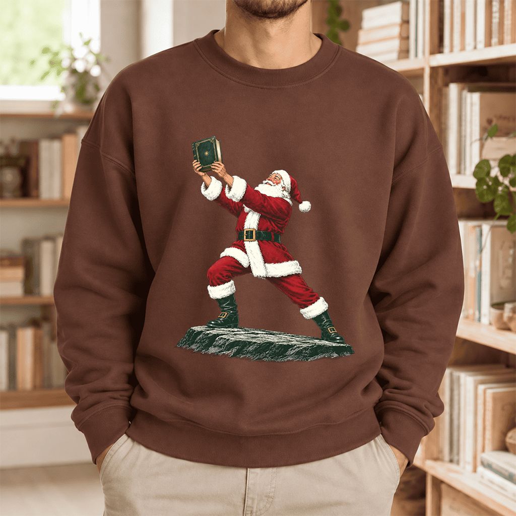 Santa Claus Holding Up A Green Book Softstyle Sweatshirt | Christmas Gift Cocoa
