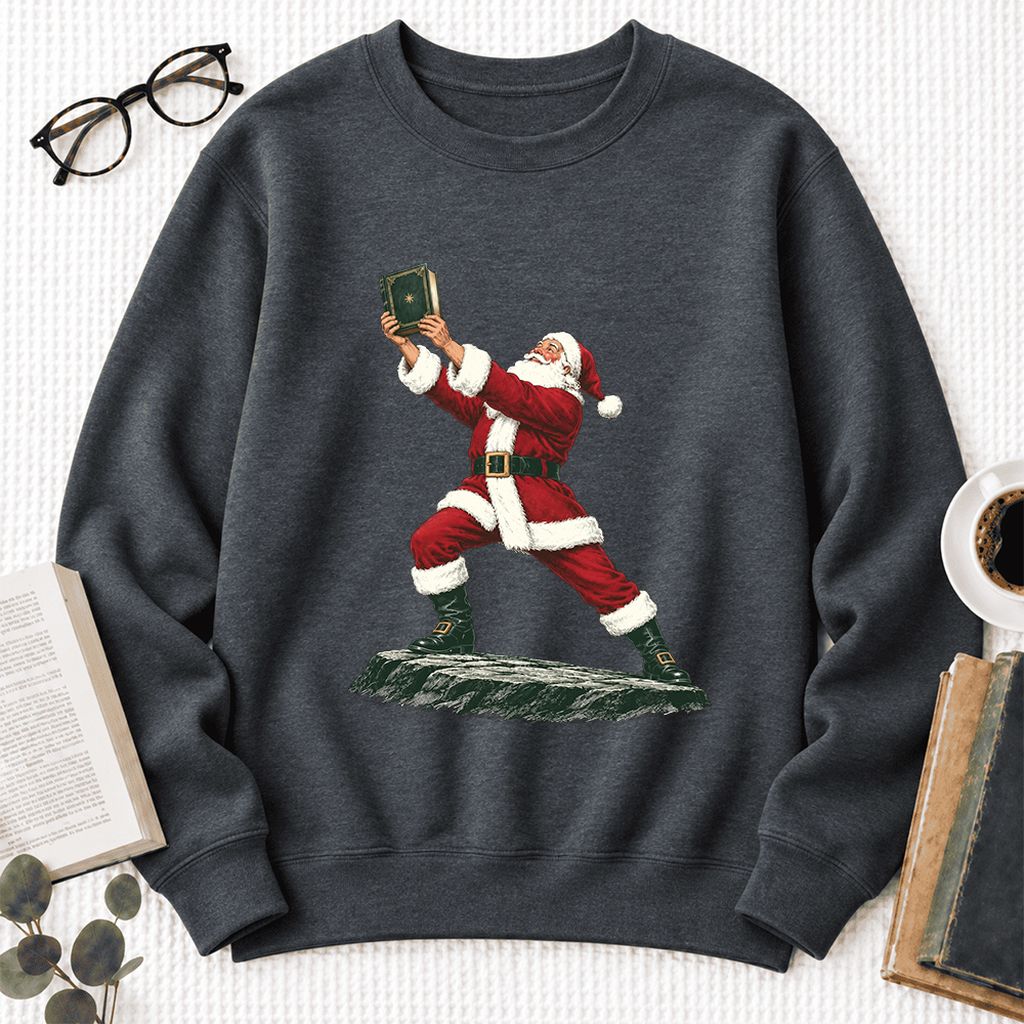 Santa Claus Holding Up A Green Book Softstyle Sweatshirt | Christmas Gift Dark Heather