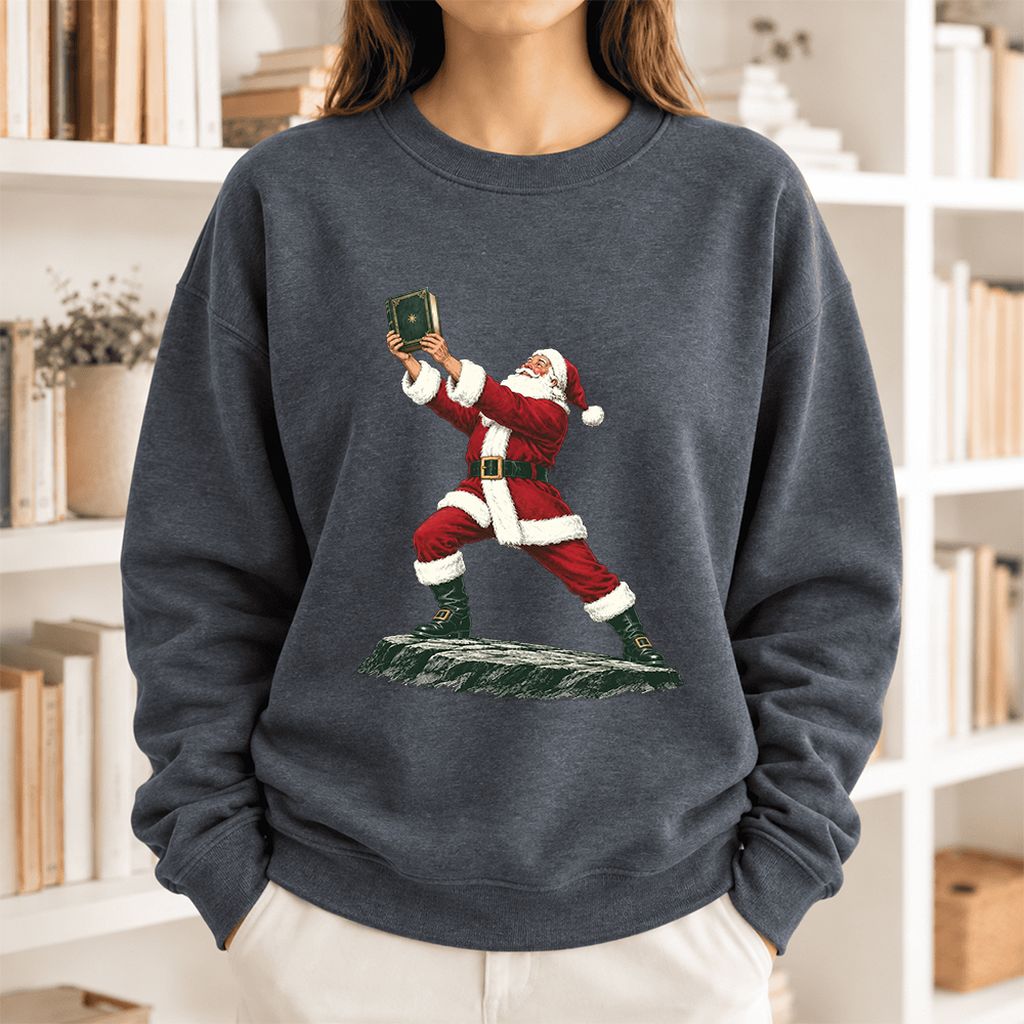 Santa Claus Holding Up A Green Book Softstyle Sweatshirt | Christmas Gift Dark Heather
