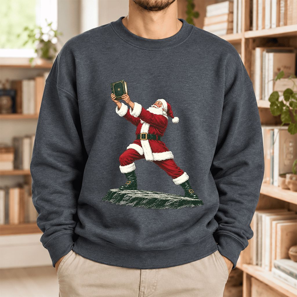 Santa Claus Holding Up A Green Book Softstyle Sweatshirt | Christmas Gift Dark Heather