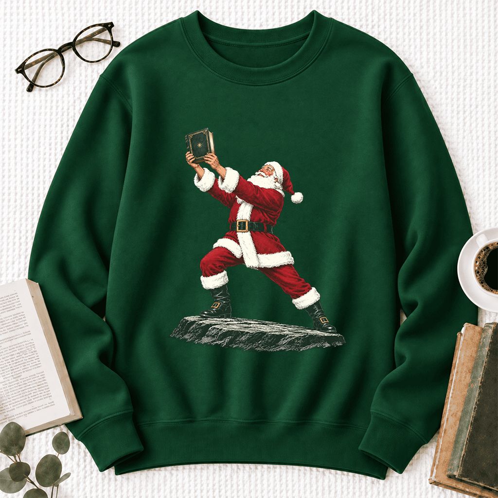 Santa Claus Holding Up A Green Book Softstyle Sweatshirt | Christmas Gift Forest Green