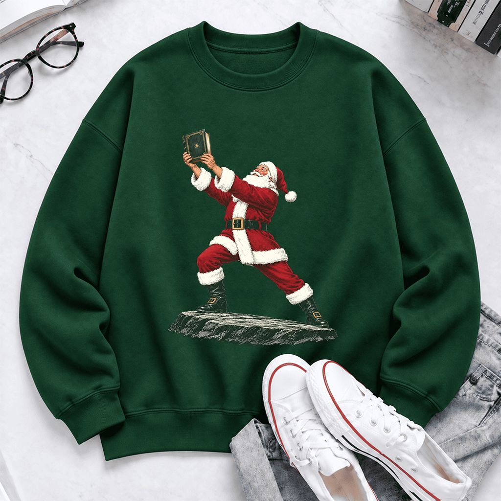 Santa Claus Holding Up A Green Book Softstyle Sweatshirt | Christmas Gift Forest Green