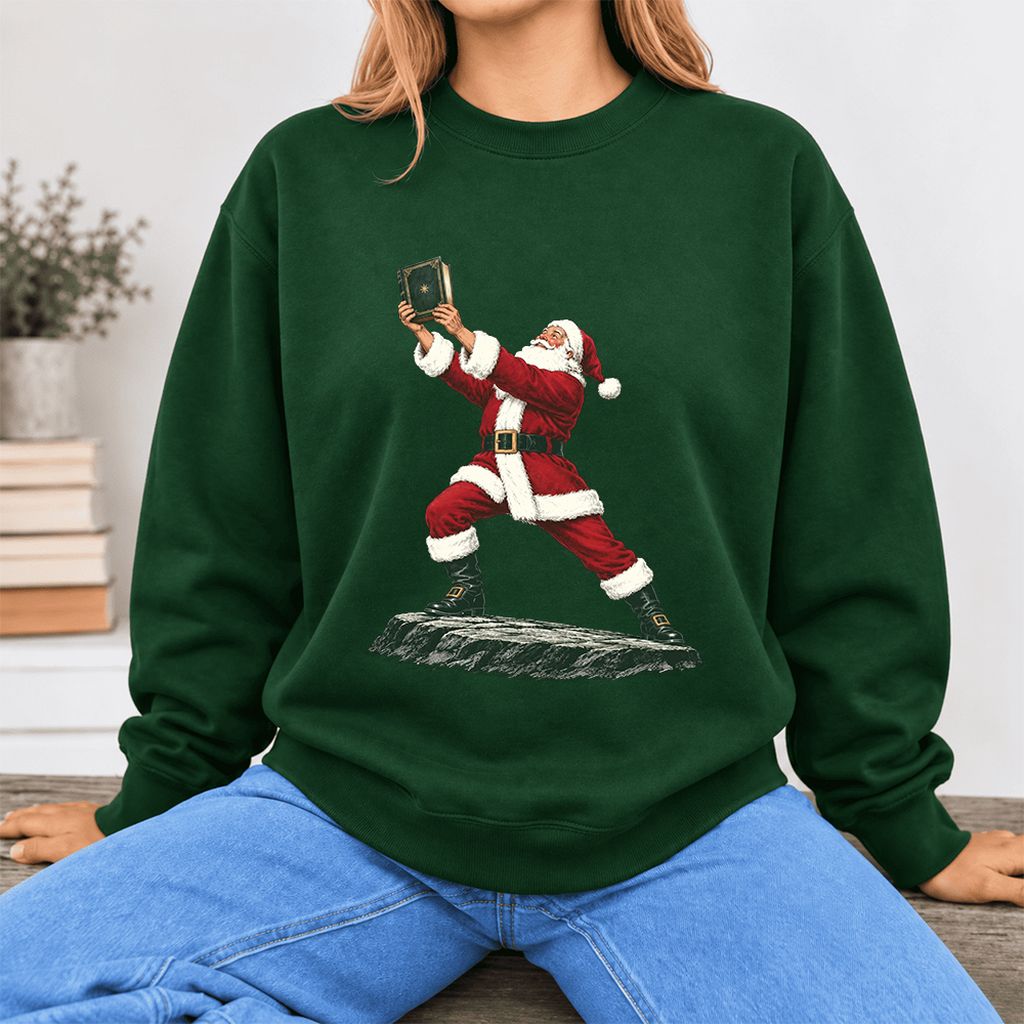 Santa Claus Holding Up A Green Book Softstyle Sweatshirt | Christmas Gift Forest Green