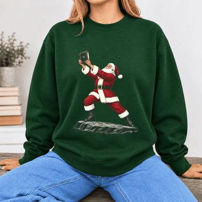 Santa Claus Holding Up A Green Book Softstyle Sweatshirt | Christmas Gift Forest Green