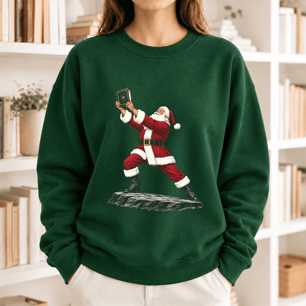 Santa Claus Holding Up A Green Book Softstyle Sweatshirt | Christmas Gift Forest Green