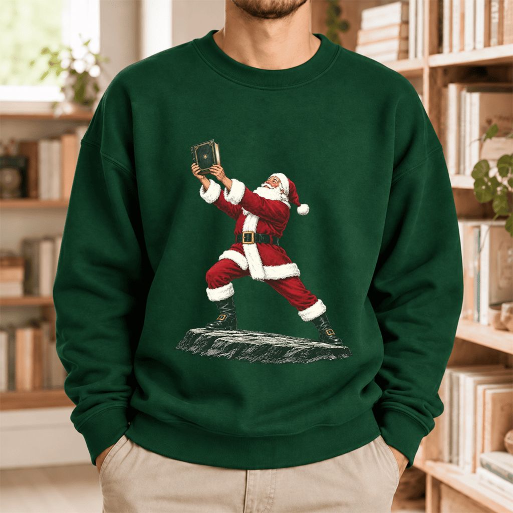 Santa Claus Holding Up A Green Book Softstyle Sweatshirt | Christmas Gift Forest Green