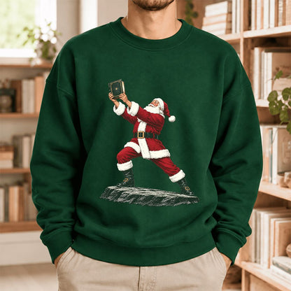 Santa Claus Holding Up A Green Book Softstyle Sweatshirt | Christmas Gift Forest Green