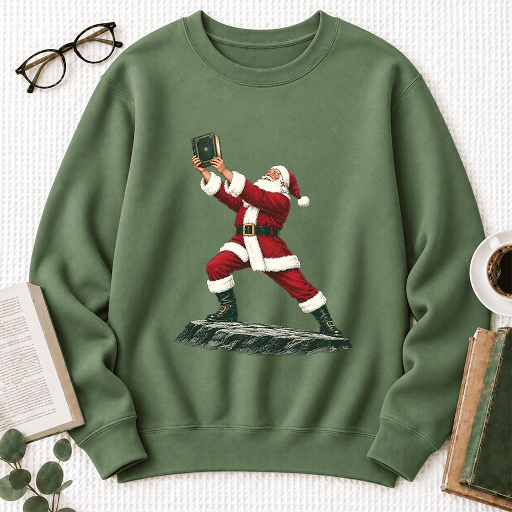 Santa Claus Holding Up A Green Book Softstyle Sweatshirt | Christmas Gift Military Green