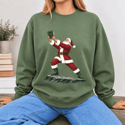 Santa Claus Holding Up A Green Book Softstyle Sweatshirt | Christmas Gift Military Green