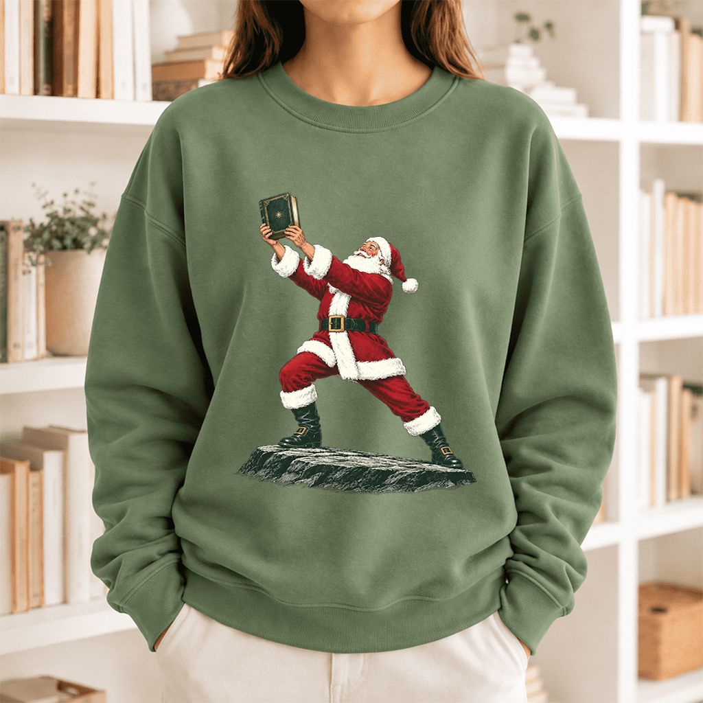 Santa Claus Holding Up A Green Book Softstyle Sweatshirt | Christmas Gift Military Green