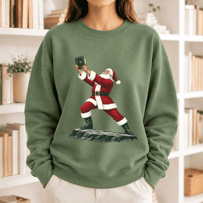 Santa Claus Holding Up A Green Book Softstyle Sweatshirt | Christmas Gift Military Green