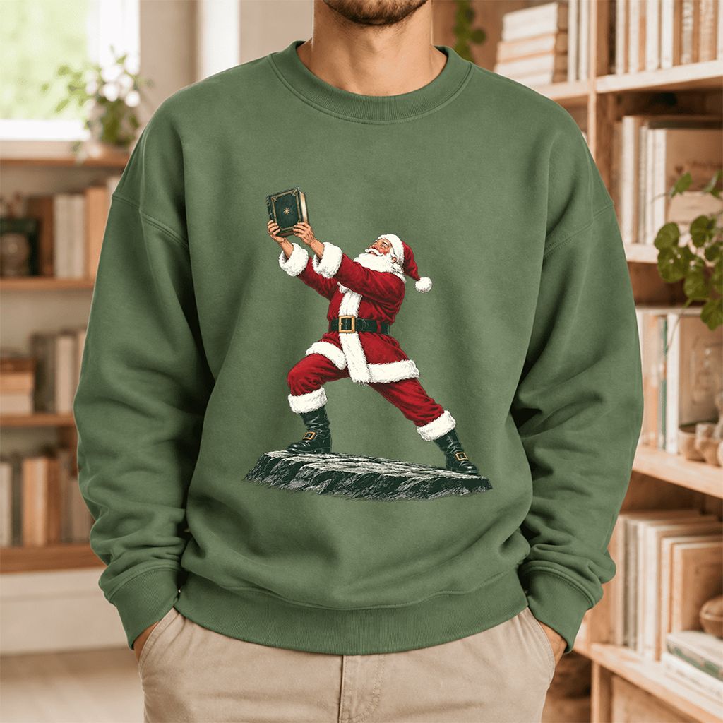 Santa Claus Holding Up A Green Book Softstyle Sweatshirt | Christmas Gift Military Green