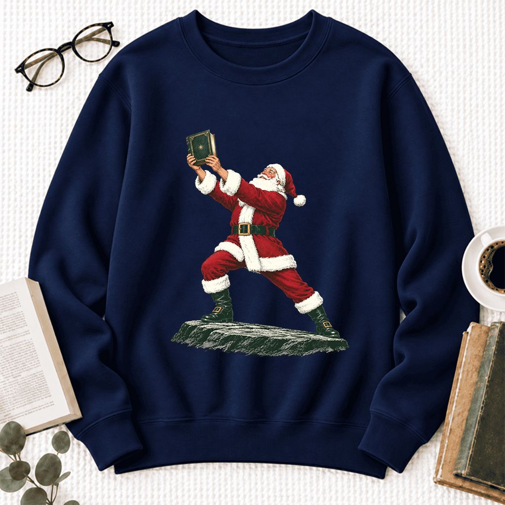 Santa Claus Holding Up A Green Book Softstyle Sweatshirt | Christmas Gift Navy