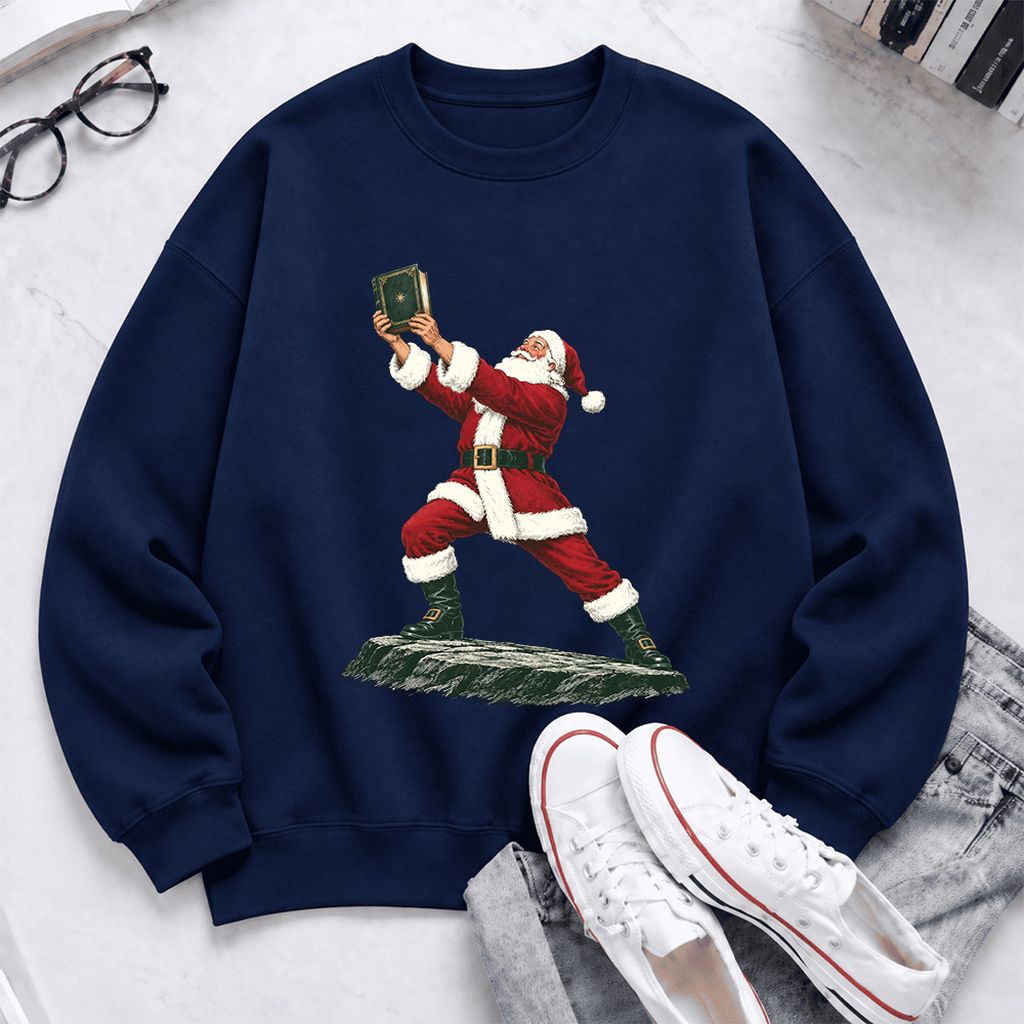 Santa Claus Holding Up A Green Book Softstyle Sweatshirt | Christmas Gift Navy