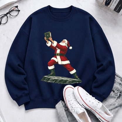 Santa Claus Holding Up A Green Book Softstyle Sweatshirt | Christmas Gift Navy