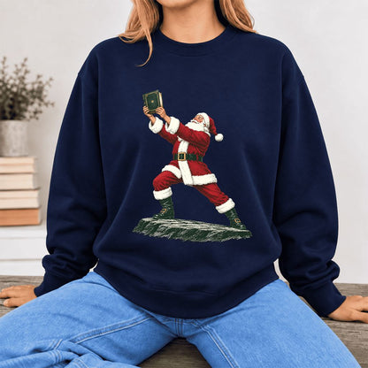 Santa Claus Holding Up A Green Book Softstyle Sweatshirt | Christmas Gift Navy