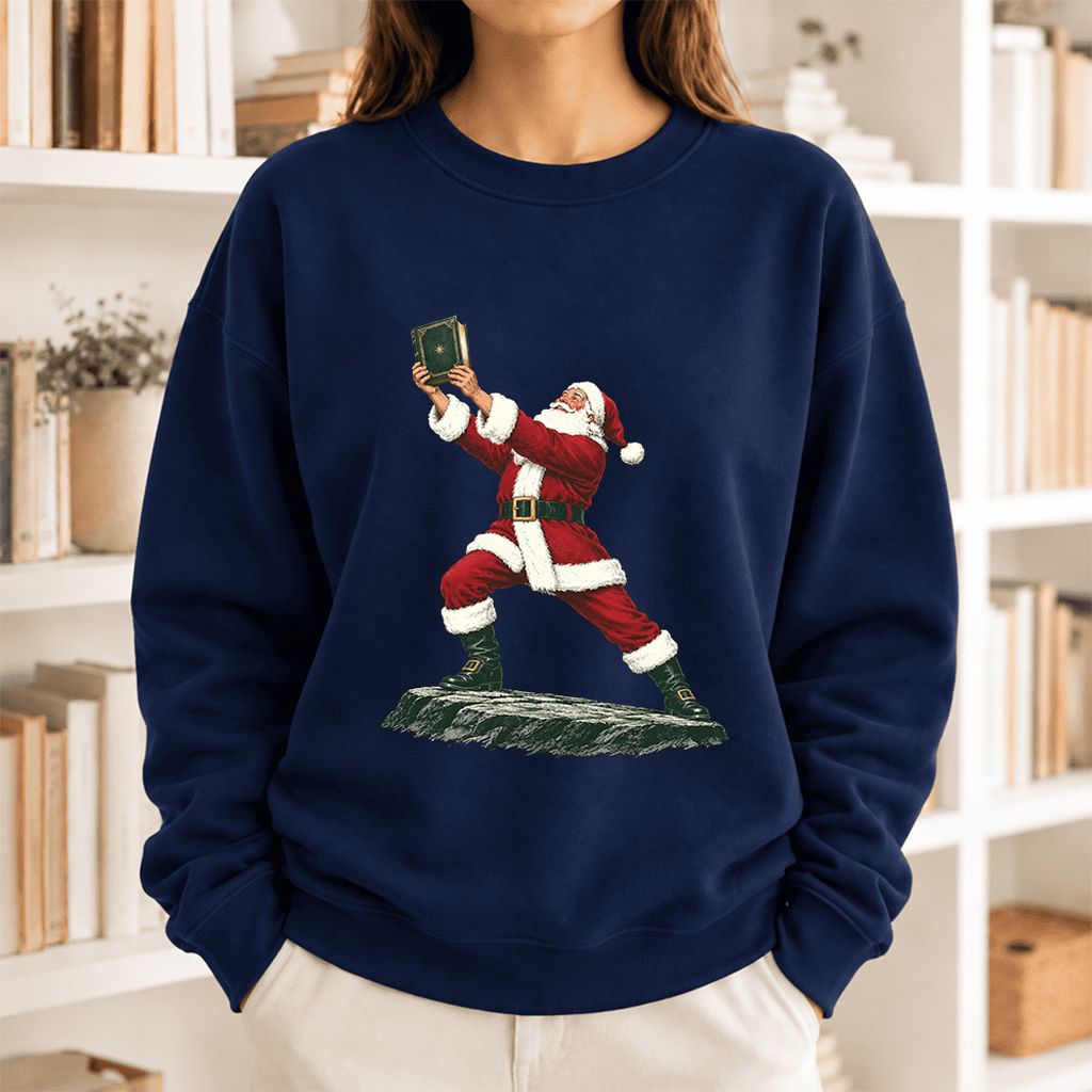 Santa Claus Holding Up A Green Book Softstyle Sweatshirt | Christmas Gift Navy