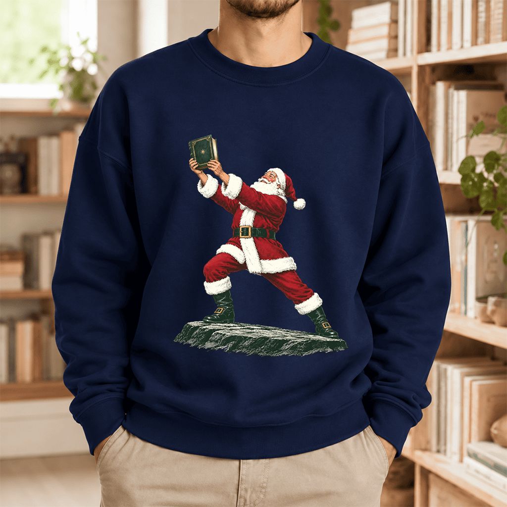 Santa Claus Holding Up A Green Book Softstyle Sweatshirt | Christmas Gift Navy