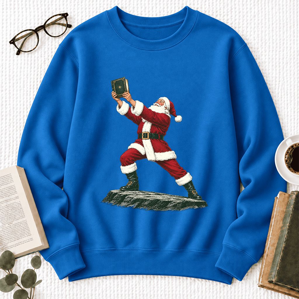 Santa Claus Holding Up A Green Book Softstyle Sweatshirt | Christmas Gift Royal