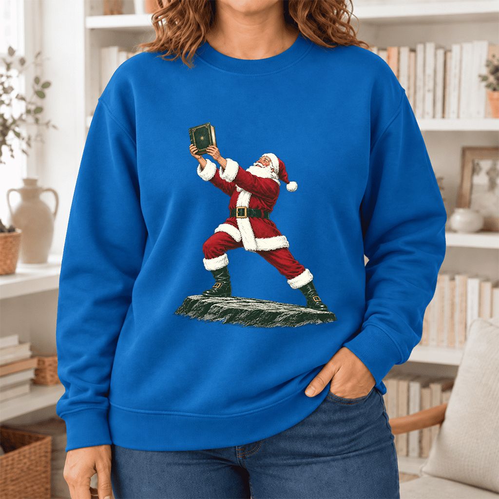 Santa Claus Holding Up A Green Book Softstyle Sweatshirt | Christmas Gift Royal