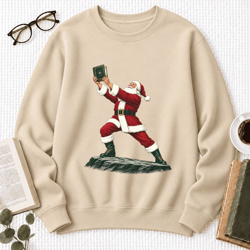 Santa Claus Holding Up A Green Book Softstyle Sweatshirt | Christmas Gift Sand