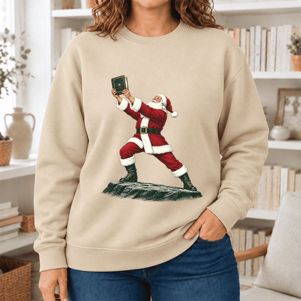 Santa Claus Holding Up A Green Book Softstyle Sweatshirt | Christmas Gift Sand