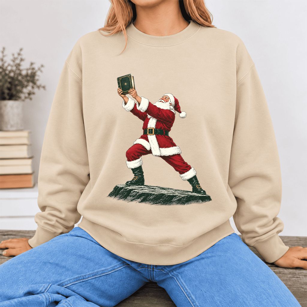 Santa Claus Holding Up A Green Book Softstyle Sweatshirt | Christmas Gift Sand