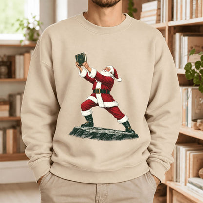 Santa Claus Holding Up A Green Book Softstyle Sweatshirt | Christmas Gift Sand