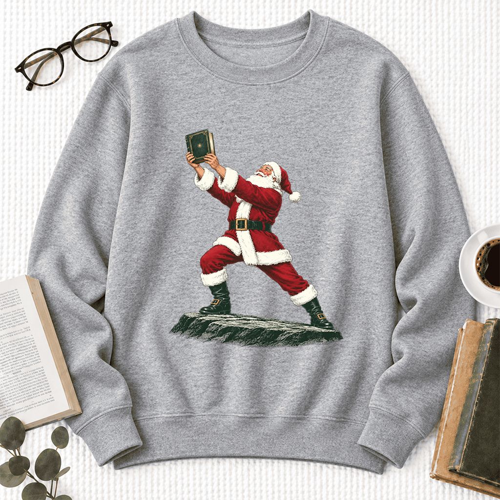 Santa Claus Holding Up A Green Book Softstyle Sweatshirt | Christmas Gift Sport Grey