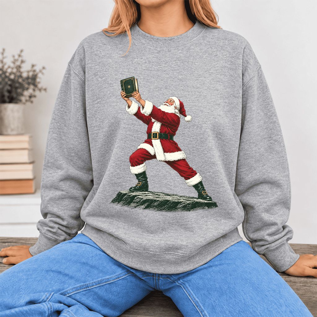 Santa Claus Holding Up A Green Book Softstyle Sweatshirt | Christmas Gift Sport Grey