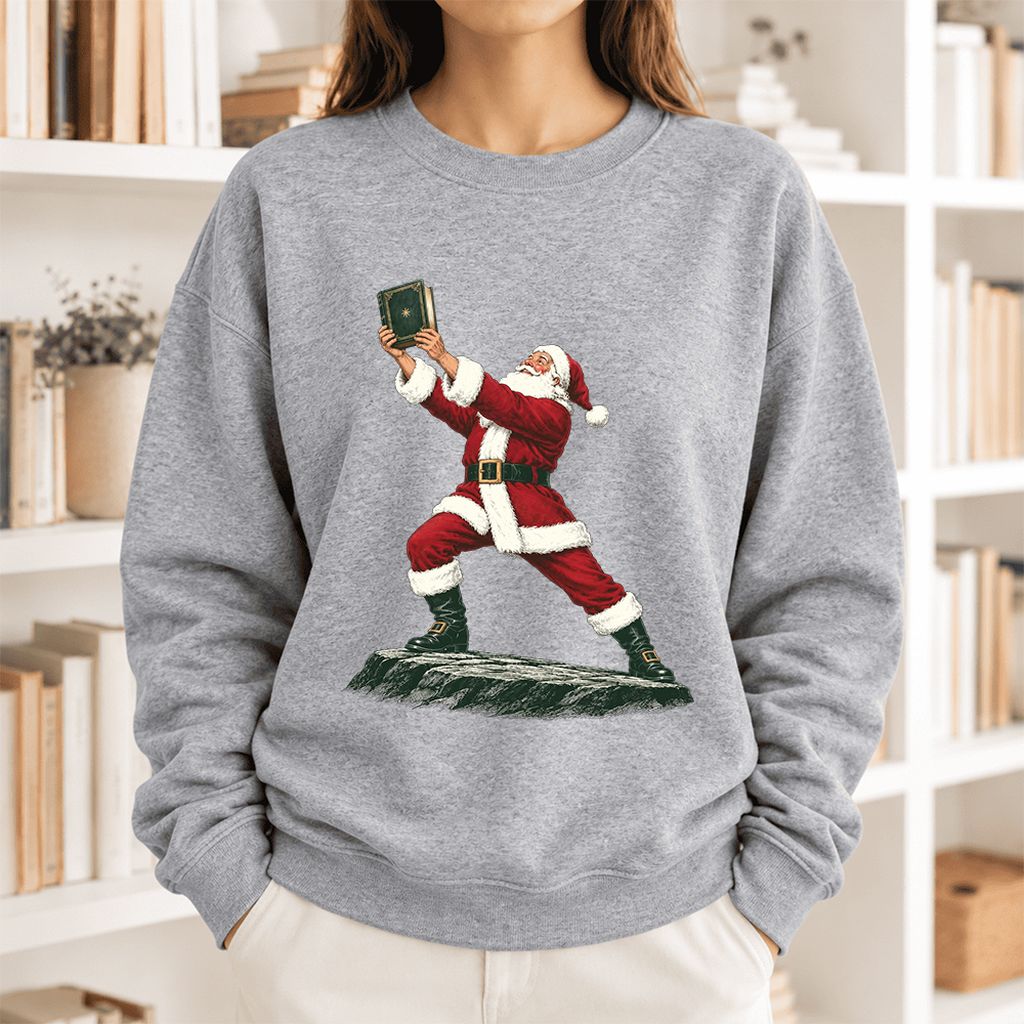 Santa Claus Holding Up A Green Book Softstyle Sweatshirt | Christmas Gift Sport Grey