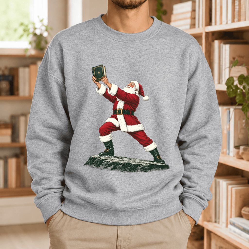 Santa Claus Holding Up A Green Book Softstyle Sweatshirt | Christmas Gift Sport Grey