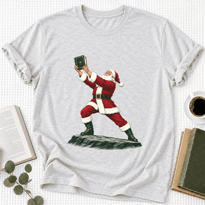 Santa Claus Holding Up A Green Book Ultra-Soft Cotton T-Shirt | Christmas Gift Ash
