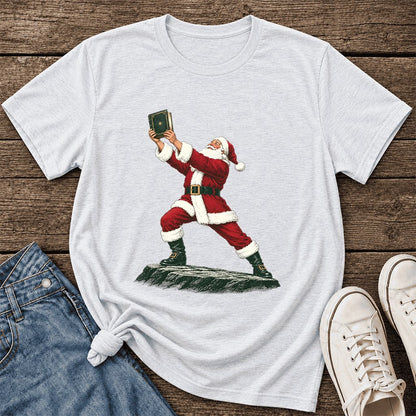 Santa Claus Holding Up A Green Book Ultra-Soft Cotton T-Shirt | Christmas Gift Ash