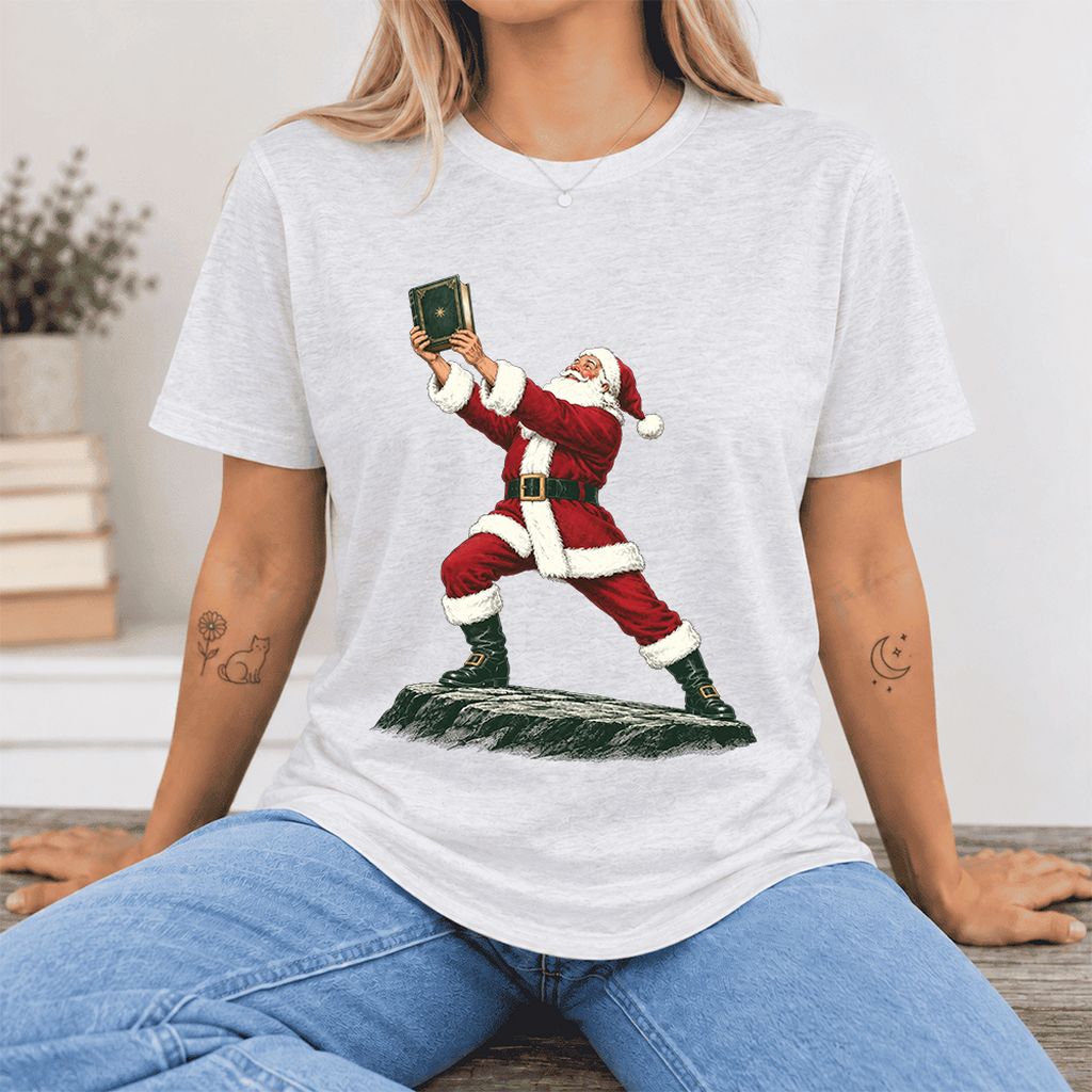 Santa Claus Holding Up A Green Book Ultra-Soft Cotton T-Shirt | Christmas Gift Ash