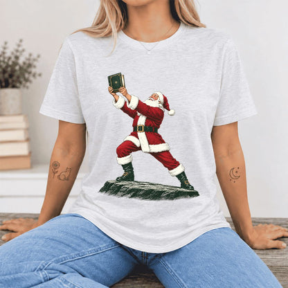 Santa Claus Holding Up A Green Book Ultra-Soft Cotton T-Shirt | Christmas Gift Ash