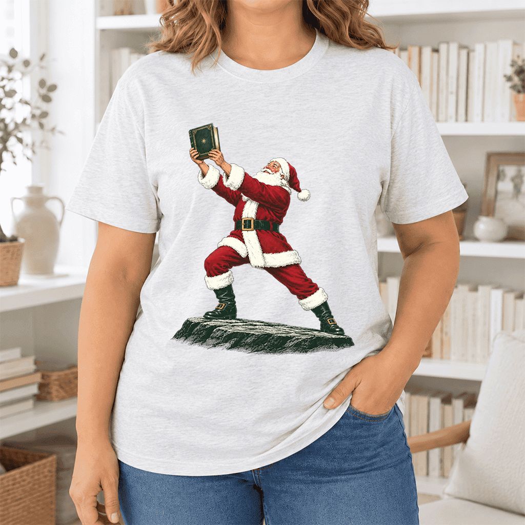 Santa Claus Holding Up A Green Book Ultra-Soft Cotton T-Shirt | Christmas Gift Ash