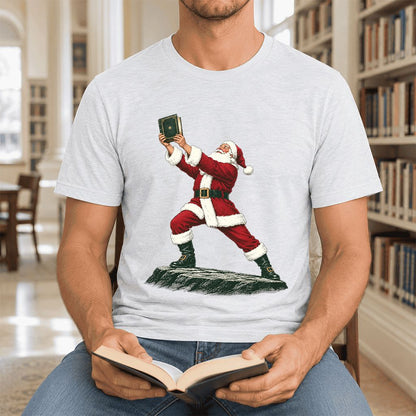 Santa Claus Holding Up A Green Book Ultra-Soft Cotton T-Shirt | Christmas Gift Ash