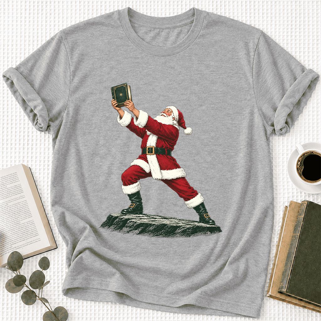 Santa Claus Holding Up A Green Book Ultra-Soft Cotton T-Shirt | Christmas Gift Athletic Heather