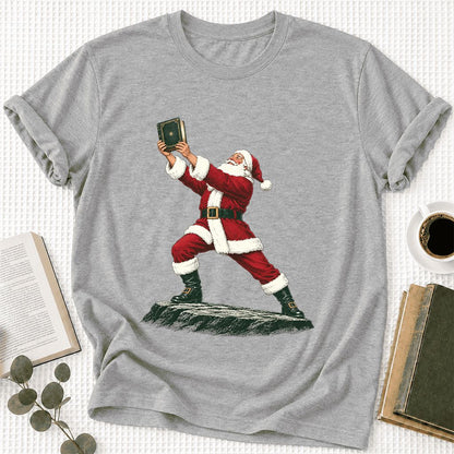 Santa Claus Holding Up A Green Book Ultra-Soft Cotton T-Shirt | Christmas Gift Athletic Heather