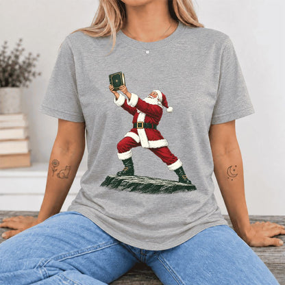 Santa Claus Holding Up A Green Book Ultra-Soft Cotton T-Shirt | Christmas Gift Athletic Heather