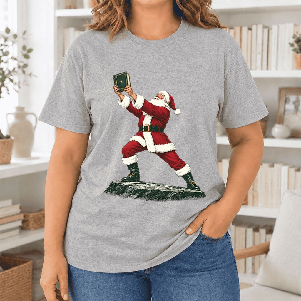 Santa Claus Holding Up A Green Book Ultra-Soft Cotton T-Shirt | Christmas Gift Athletic Heather