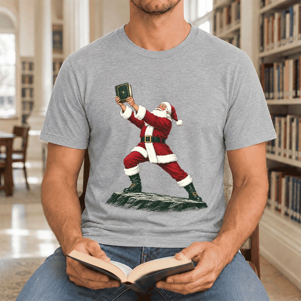 Santa Claus Holding Up A Green Book Ultra-Soft Cotton T-Shirt | Christmas Gift Athletic Heather