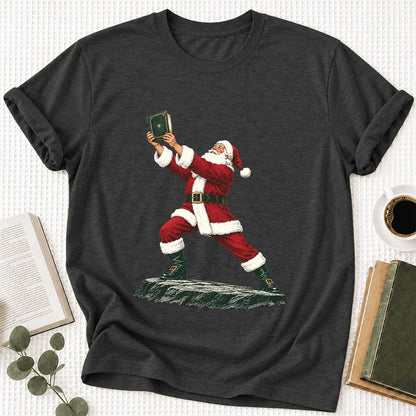 Santa Claus Holding Up A Green Book Ultra-Soft Cotton T-Shirt | Christmas Gift Dark Grey Heather