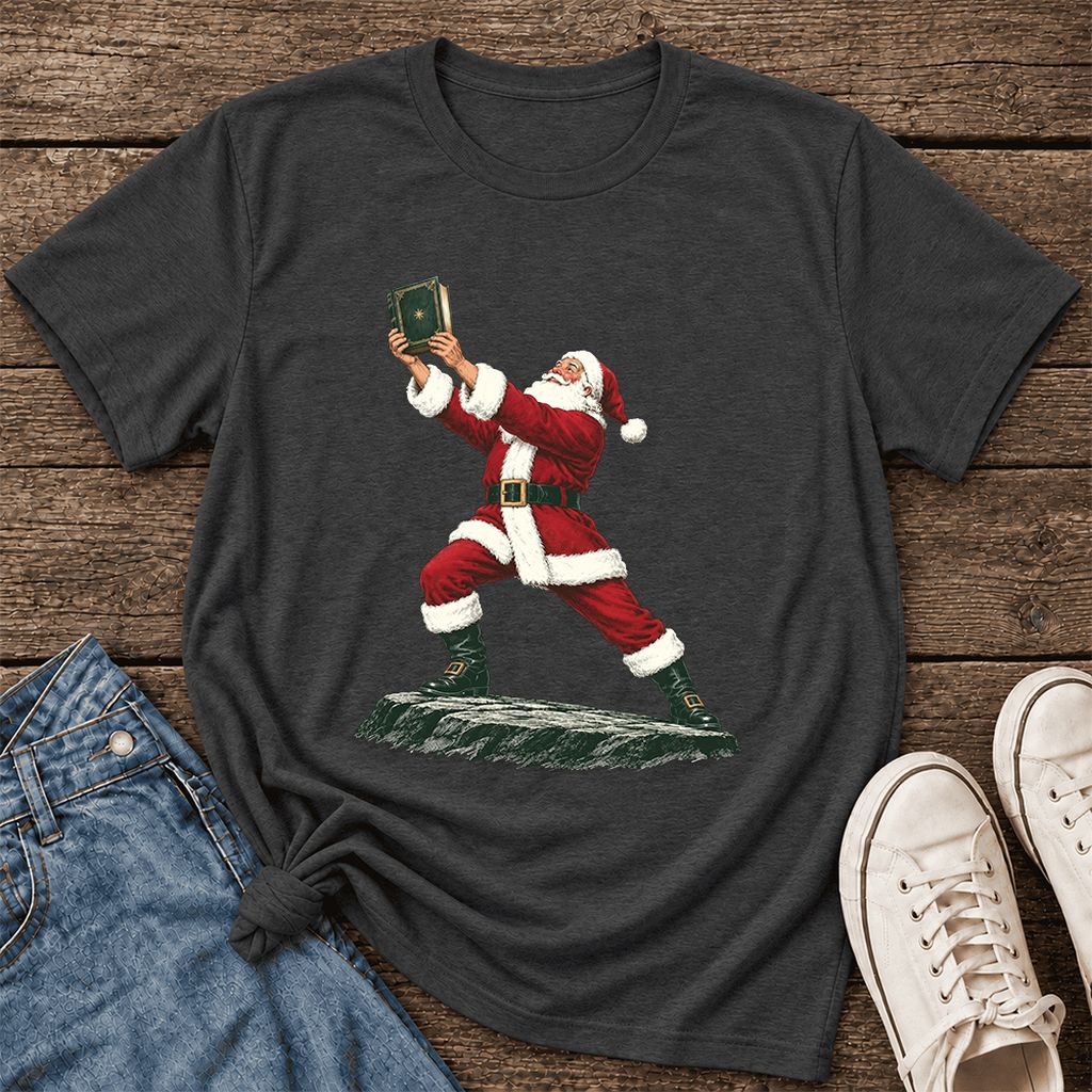 Santa Claus Holding Up A Green Book Ultra-Soft Cotton T-Shirt | Christmas Gift Dark Grey Heather